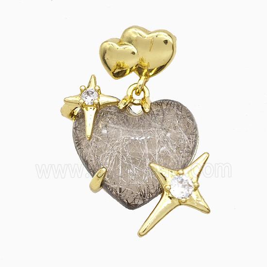 Coffee Resin Heart Pendant Copper Star Pave Zirconia Gold Plated