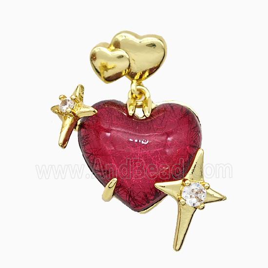 Red Resin Heart Pendant Copper Star Pave Zirconia Gold Plated