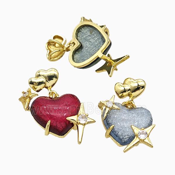 Resin Heart Pendant Copper Star Pave Zirconia Gold Plated Mixed