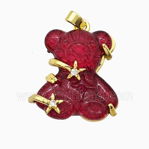 Red Resin Bear Pendant Copper Star Pave Zirconia Gold Plated