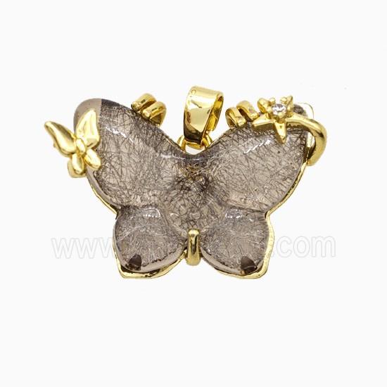 Coffee Resin Butterfly Pendant Copper Star Pave Zirconia Gold Plated