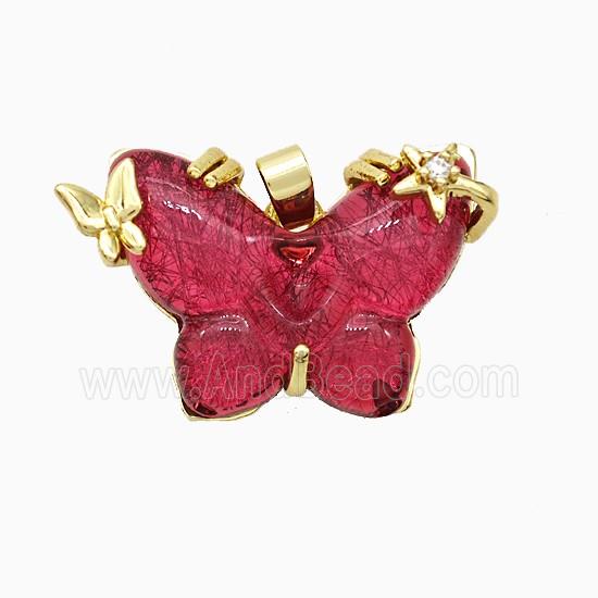 Red Resin Butterfly Pendant Copper Star Pave Zirconia Gold Plated