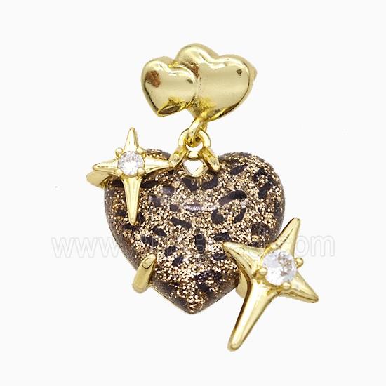 Coffee Resin Heart Pendant Copper Star Pave Zirconia Gold Plated