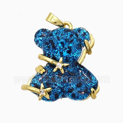 Blue Resin Bear Pendant Copper Star Pave Zirconia Gold Plated