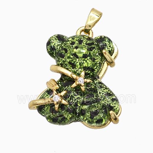 Green Resin Bear Pendant Copper Star Pave Zirconia Gold Plated