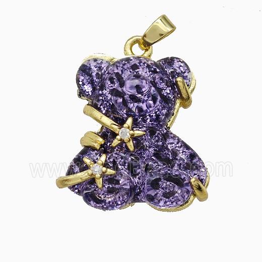 Purple Resin Bear Pendant Copper Star Pave Zirconia Gold Plated