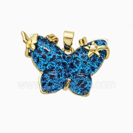 Blue Resin Butterfly Pendant Copper Star Pave Zirconia Gold Plated