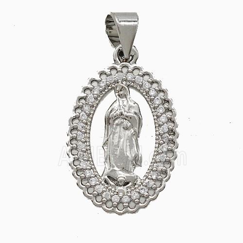 Virgin Mary Charms Copper Pendant Pave Zirconia Platinum Plated