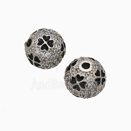 Copper Round Beads Pave Zirconia Black Enamel Clover Platinum Plated
