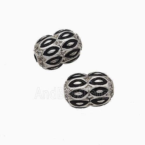 Copper Barrel Beads Pave Zirconia Black Enamel Lips Platinum Plated