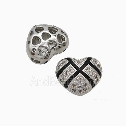 Copper Heart Beads Pave Zirconia Black Enamel Platinum Plated