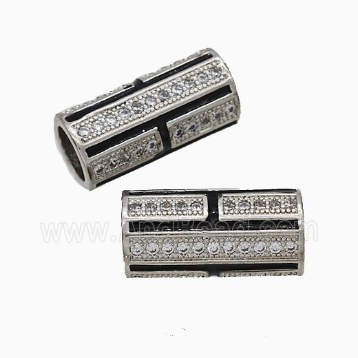 Copper Tube Beads Pave Zirconia Black Enamel Large Hole Platinum Plated