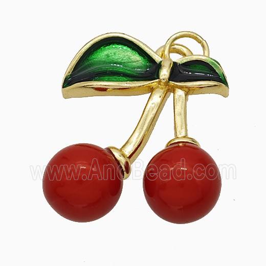 Copper Cherry Pendant Pave Red Resin Gold Plated
