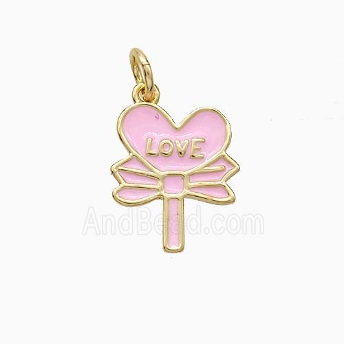 Copper Flower Pendant Love Heart Pink Enamel Gold Plated