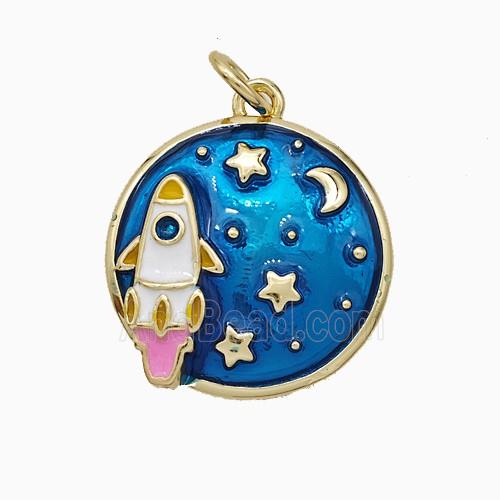 Rocket And Star Moon Charms Copper Pendant Blue Painted Gold Plated