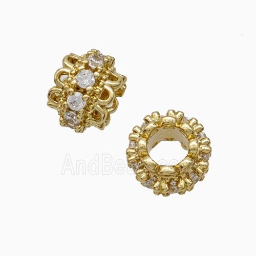 Copper Rondelle Beads Pave Zirconia Large Hole Gold Plated