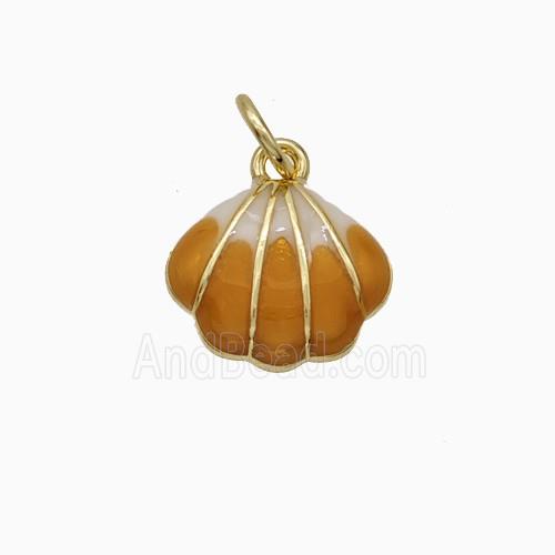 Copper Scallop Shell Pendant Brown Enamel Gold Plated