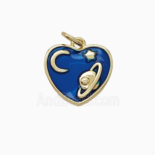 Copper Heart Pendant Blue Enamel Moon Star Planet Gold Plated