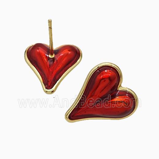 Copper Heart Stud Earrings Red Painted Gold Plated