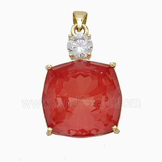 Red Crystal Glass Square Pendant Copper Gold Plated