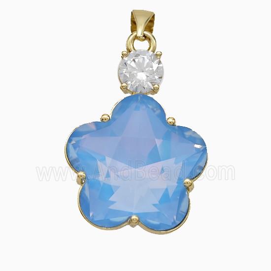 Blue Crystal Glass Flower Pendant Copper Gold Plated
