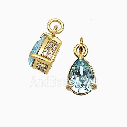 Copper Teardrop Pendant Pave Zirconia Aqua Crystal Glass Gold Plated