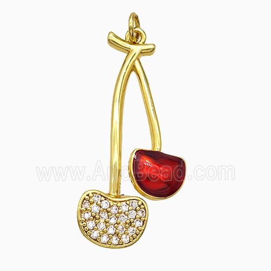 Copper Cherry Pendant Pave Zirconia Red Painted Gold Plated