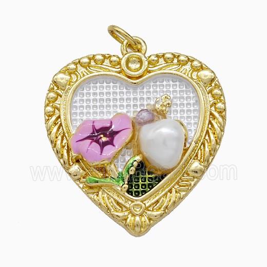 Copper Flower Pendant Pave Resin Painted Heart Gold Plated