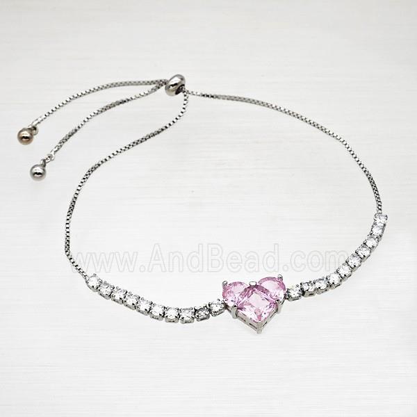 Copper Bracelet Pave Crystal Glass Heart Adjustable Platinum Plated