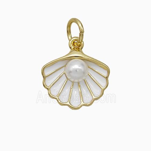 Scallop Shell Charms Copper Pendant Pave Resin White Enamel Gold Plated