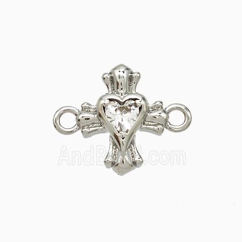 Copper Heart Cross Connector Pave Zirconia Platinum Plated