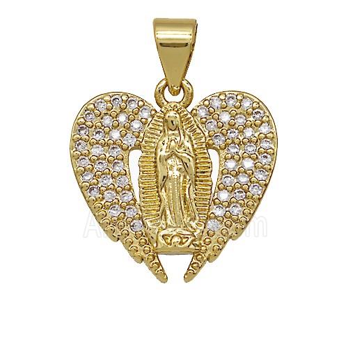 Copper Jesus Heart Pendant Pave Zirconia Angel Wings Gold Plated