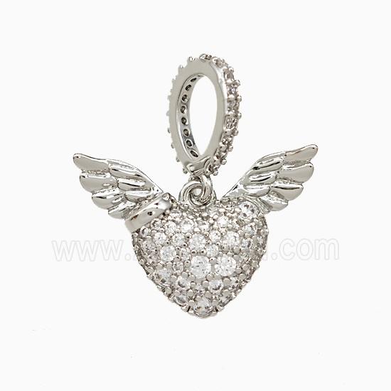 Copper Heart Angel Wings Pendant Micropave Zirconia Platinum Plated