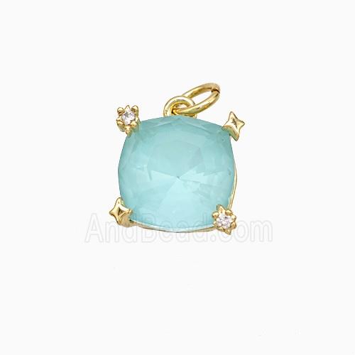 Teal Crystal Glass Square Pendant Copper Gold Plated
