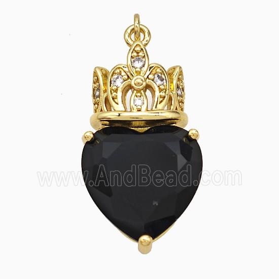 Copper Crown Heart Pendant Pave Black Crystal Glass Gold Plated