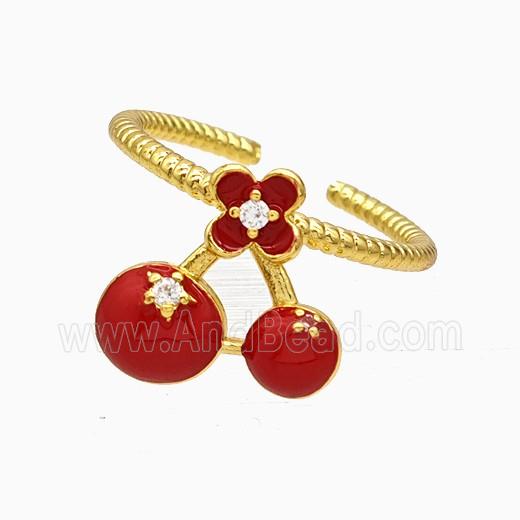 Copper Cherry Rings Pave Zirconia Red Enamel Gold Plated