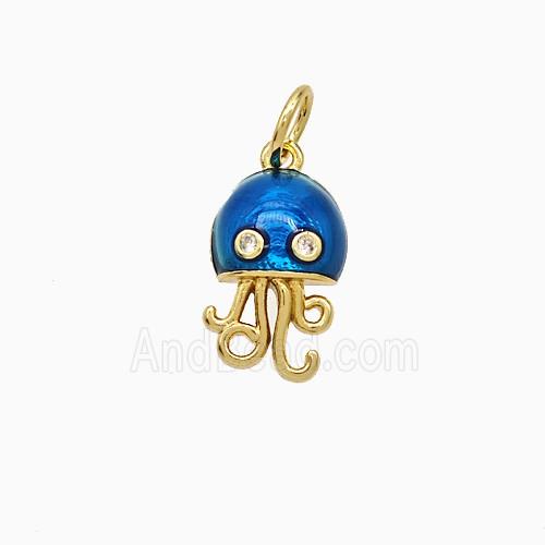 Copper Jellyfish Pendant Pave Zirconia Blue Painted Gold Plated