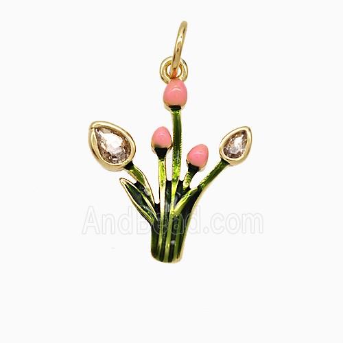 Copper Flower Pendant Green Pink Enamel Gold Plated