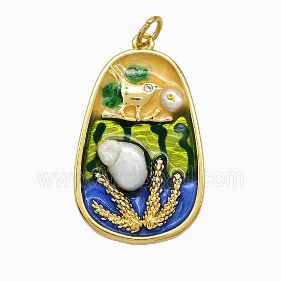 Copper Flower Pendant Pave Pearlized Resin Multicolor Painted Bird Gold Plated