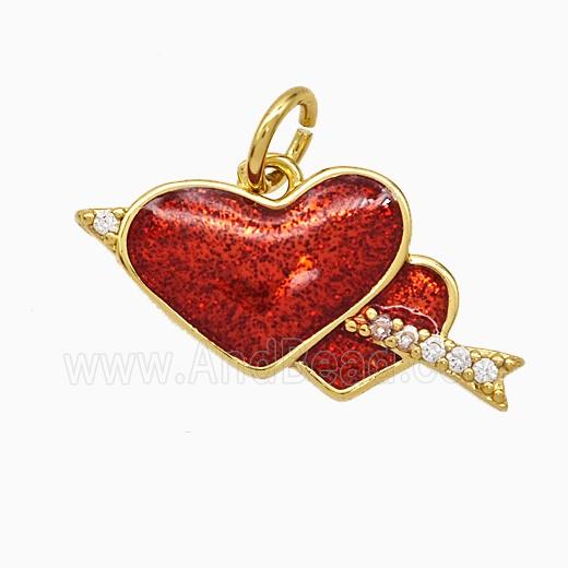 Copper Heart Cupid Arrow Pendant Pave Zirconia Red Painted Gold Plated