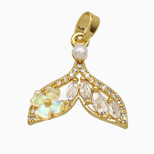 Copper Shark-Tail Pendant Pave Zirconia Acrylic Gold Plated