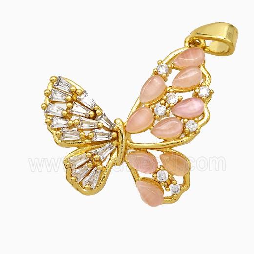 Copper Butterfly Pendant Pave Zirconia Catseye Gold Plated