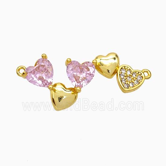 Copper Heart Link Pendant Pave Zirconia Pink Crystal Glass 2loops Gold Plated