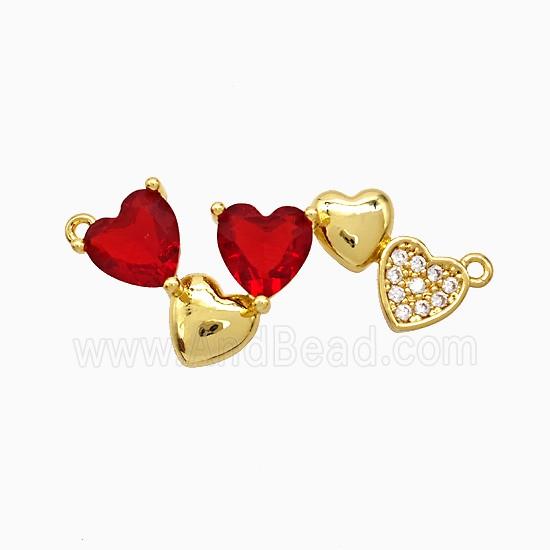 Copper Heart Link Pendant Pave Zirconia Red Crystal Glass 2loops Gold Plated