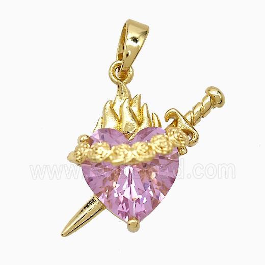 Copper Heart Sword Pendant Pave Pink Crystal Glass Gold Plated