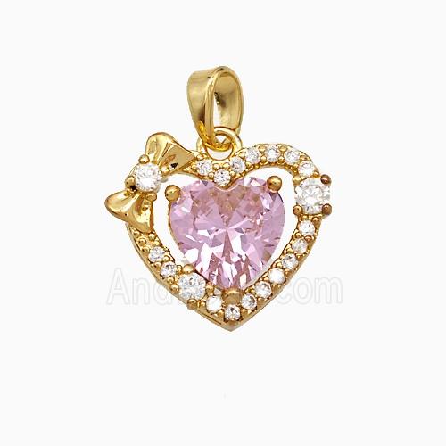 Copper Heart Pendant Pave Zirconia Pink Crystal Glass Gold Plated