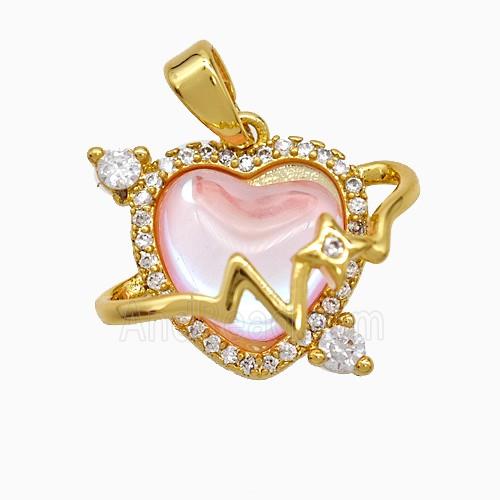 Copper Heart Pendant Pave Zirconia Pink Acrylic Gold Plated