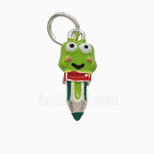 Frog Pencil Charms Copper Pendant Green Enamel Platinum Plated