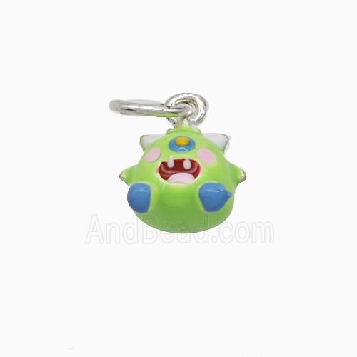Copper Monster Pendant Green Enamel Platinum Plated