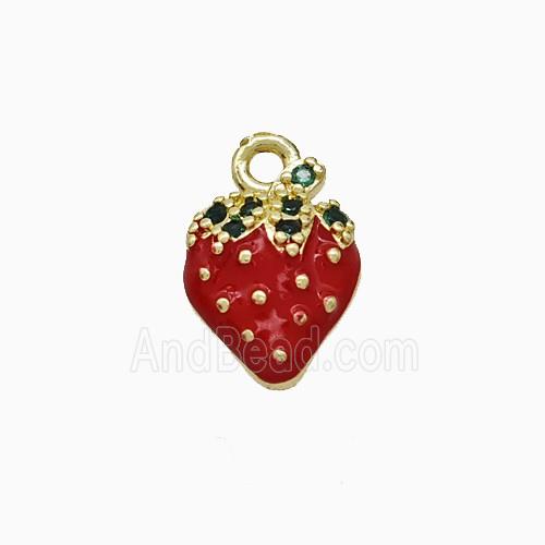 Copper Strawberry Pendant Pave Zirconia Red Enamel Gold Plated